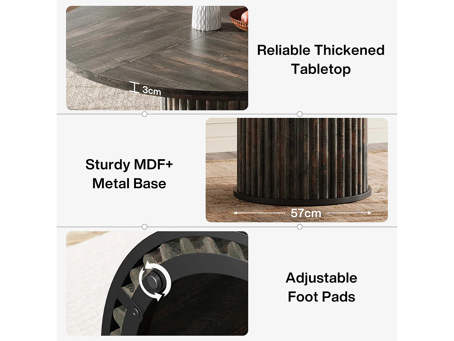 Table de salle à manger ronde pour 4 à 6 personnes, 120 cm, style moderne, avec piètement rond cannelé.