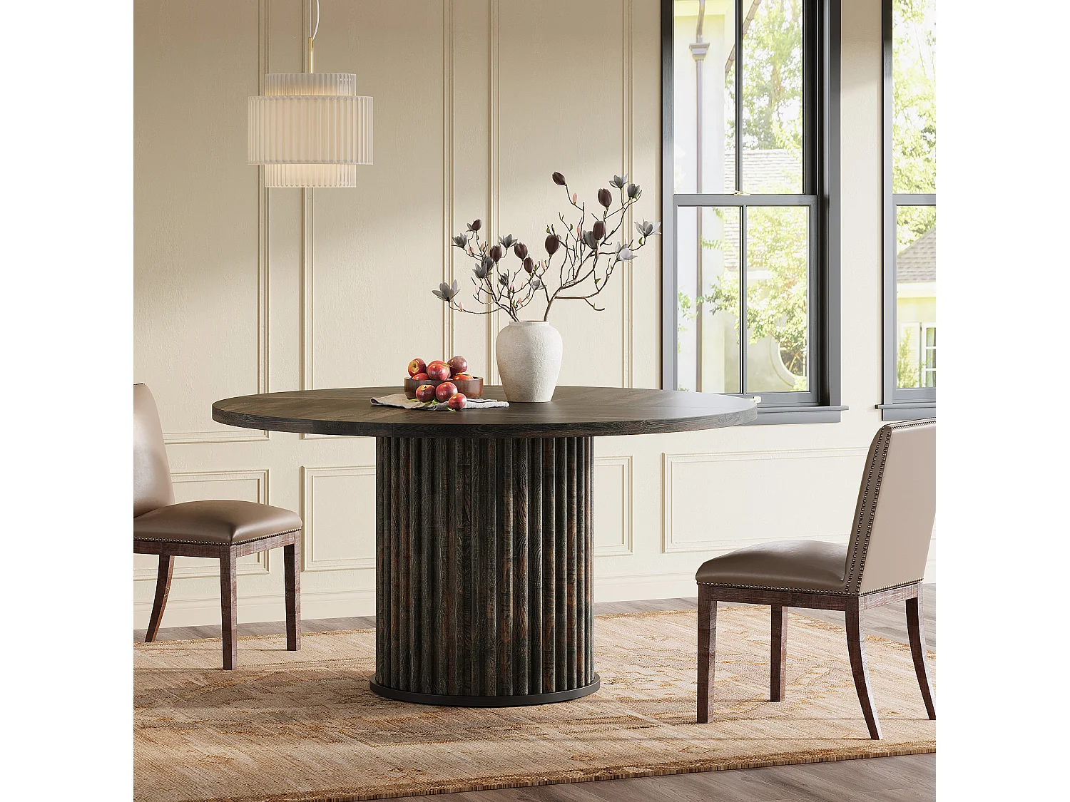 Table de salle à manger ronde pour 4 à 6 personnes, 120 cm, style moderne, avec piètement rond cannelé.
