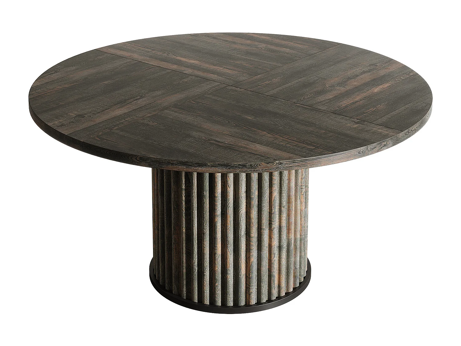 Table de salle à manger ronde pour 4 à 6 personnes, 120 cm, style moderne, avec piètement rond cannelé.