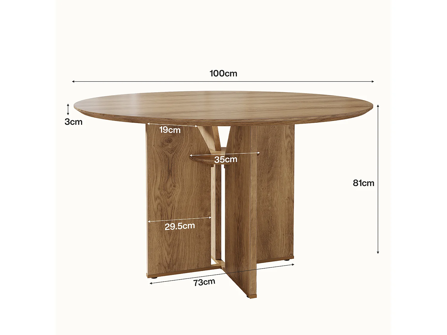 Table de salle à manger ronde pour 4 personnes, 100 cm, style campagnard, avec étagère de rangement