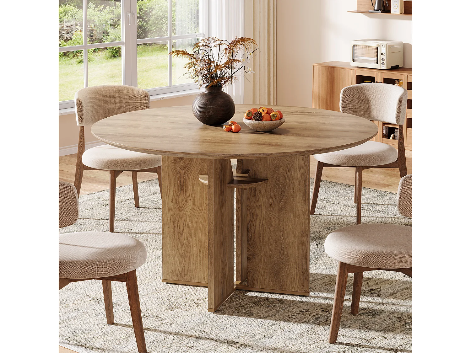 Table de salle à manger ronde pour 4 personnes, 100 cm, style campagnard, avec étagère de rangement