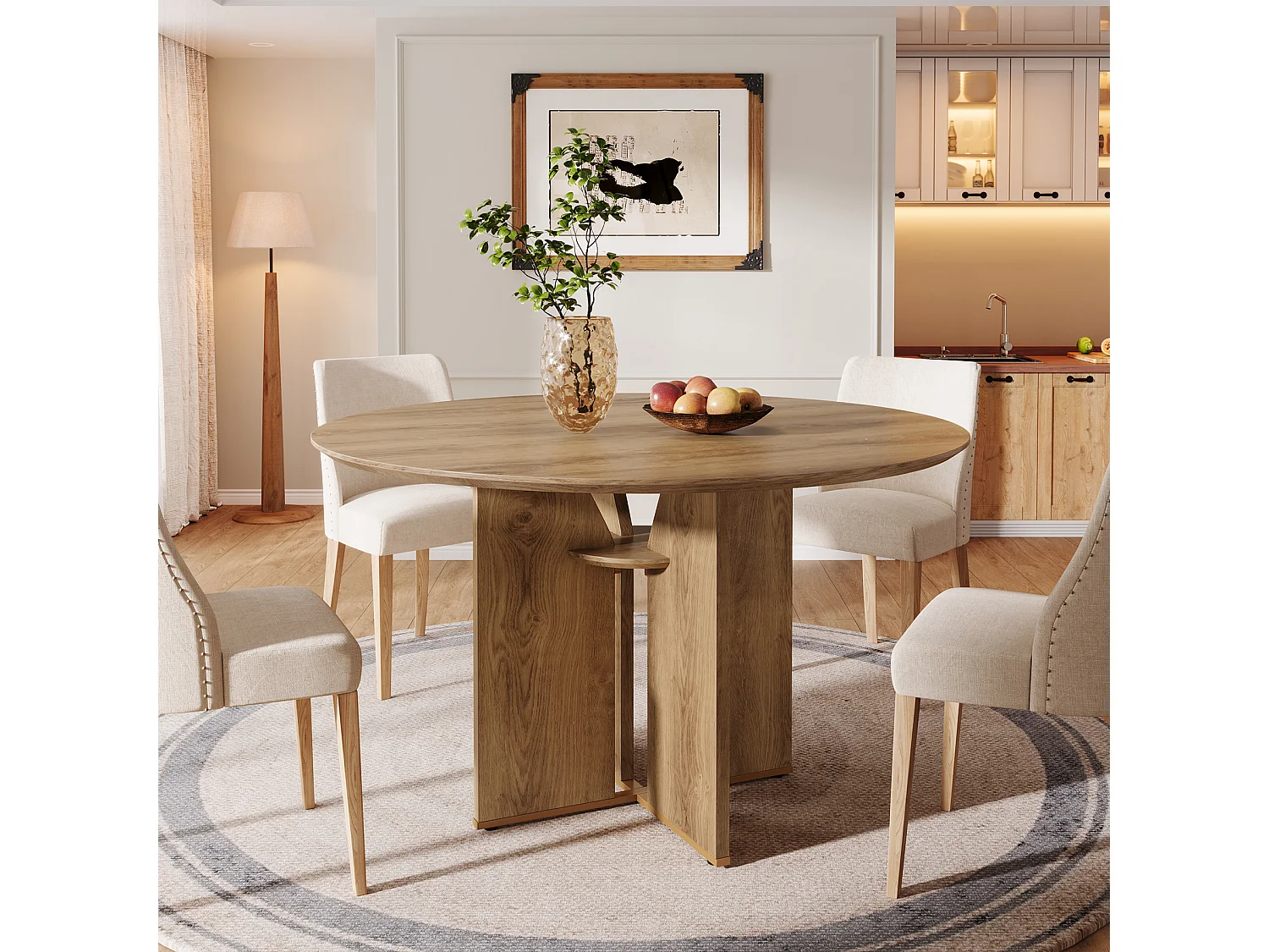 Table de salle à manger ronde pour 4 personnes, 100 cm, style campagnard, avec étagère de rangement