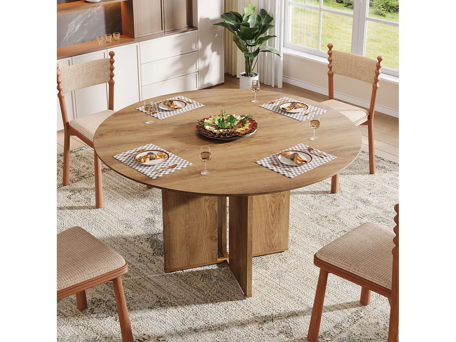 Table de salle à manger ronde pour 4 personnes, 100 cm, style campagnard, avec étagère de rangement