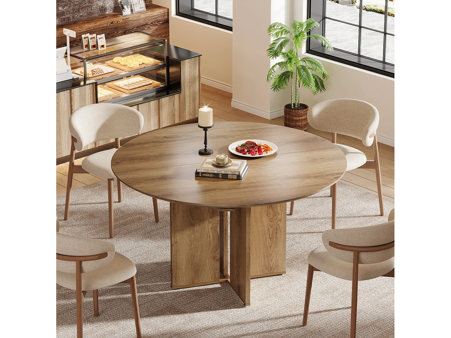 Table de salle à manger ronde pour 4 personnes, 100 cm, style campagnard, avec étagère de rangement