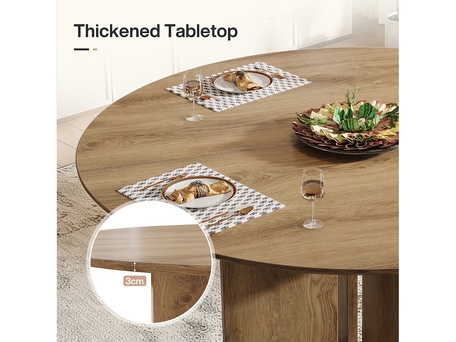 Table de salle à manger ronde pour 4 personnes, 100 cm, style campagnard, avec étagère de rangement