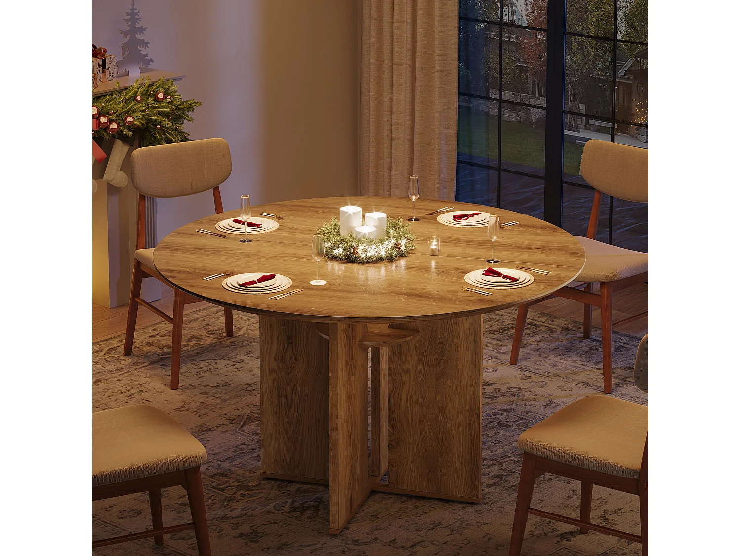 Table de salle à manger ronde pour 4 personnes, 100 cm, style campagnard, avec étagère de rangement