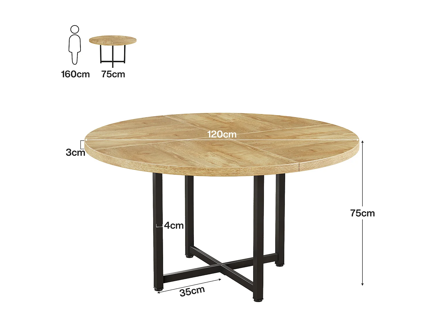 Ronde eettafel van 120 cm - Landelijke keukentafel (alleen tafel)