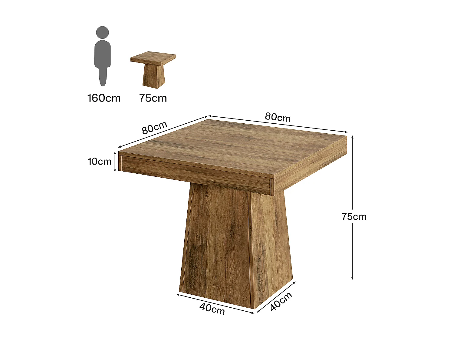 Table de salle à manger carrée pour 4 personnes, table de cuisine de 80 cm, petite table avec pied central robuste