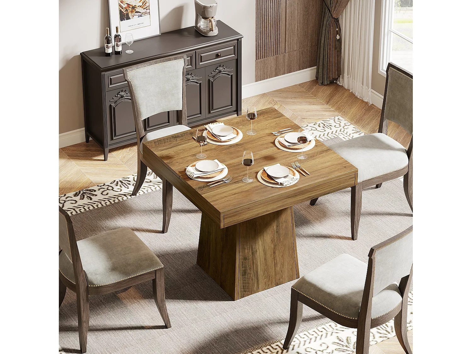 Table de salle à manger carrée pour 4 personnes, table de cuisine de 80 cm, petite table avec pied central robuste