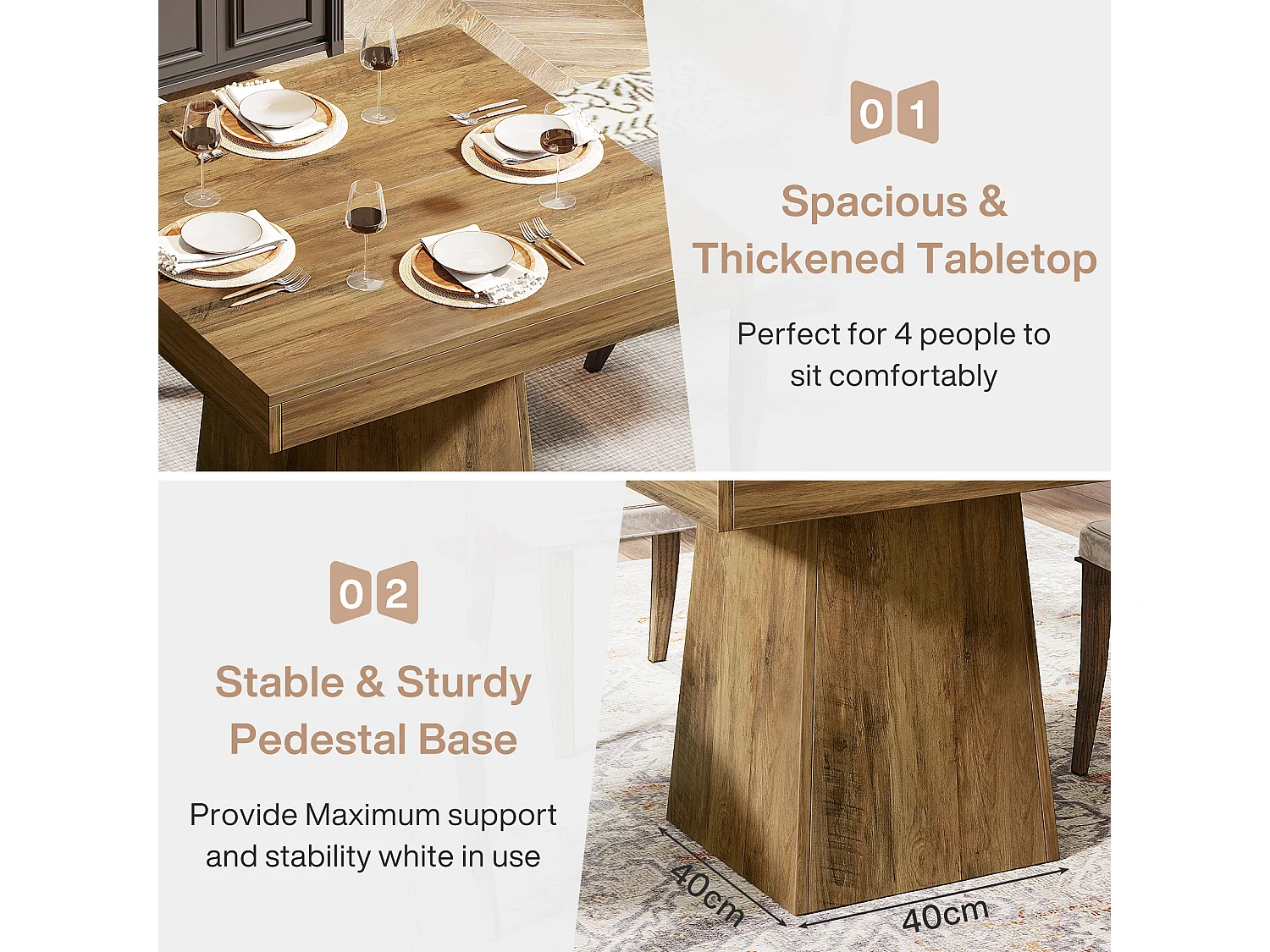 Table de salle à manger carrée pour 4 personnes, table de cuisine de 80 cm, petite table avec pied central robuste