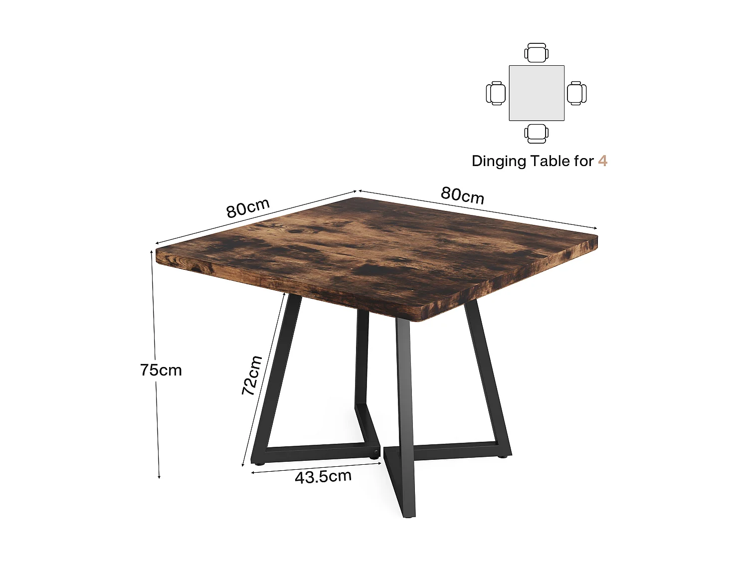 Table de salle à manger pour 4 personnes, style industriel, structure métallique robuste, 80 x 80 x 75 cm