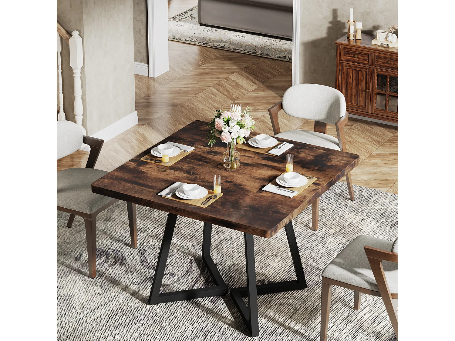 Table de salle à manger pour 4 personnes, style industriel, structure métallique robuste, 80 x 80 x 75 cm