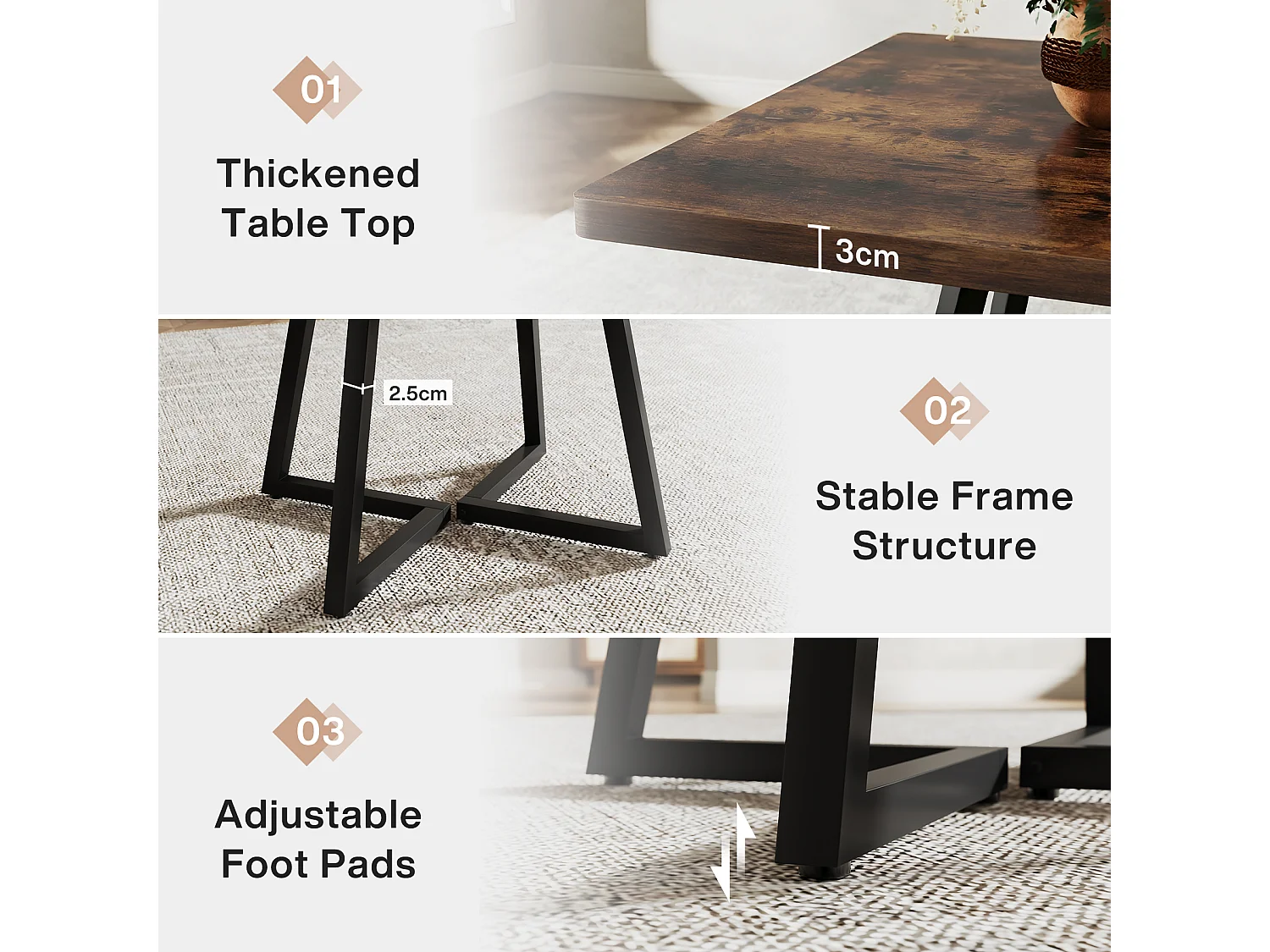 Table de salle à manger pour 4 personnes, style industriel, structure métallique robuste, 80 x 80 x 75 cm