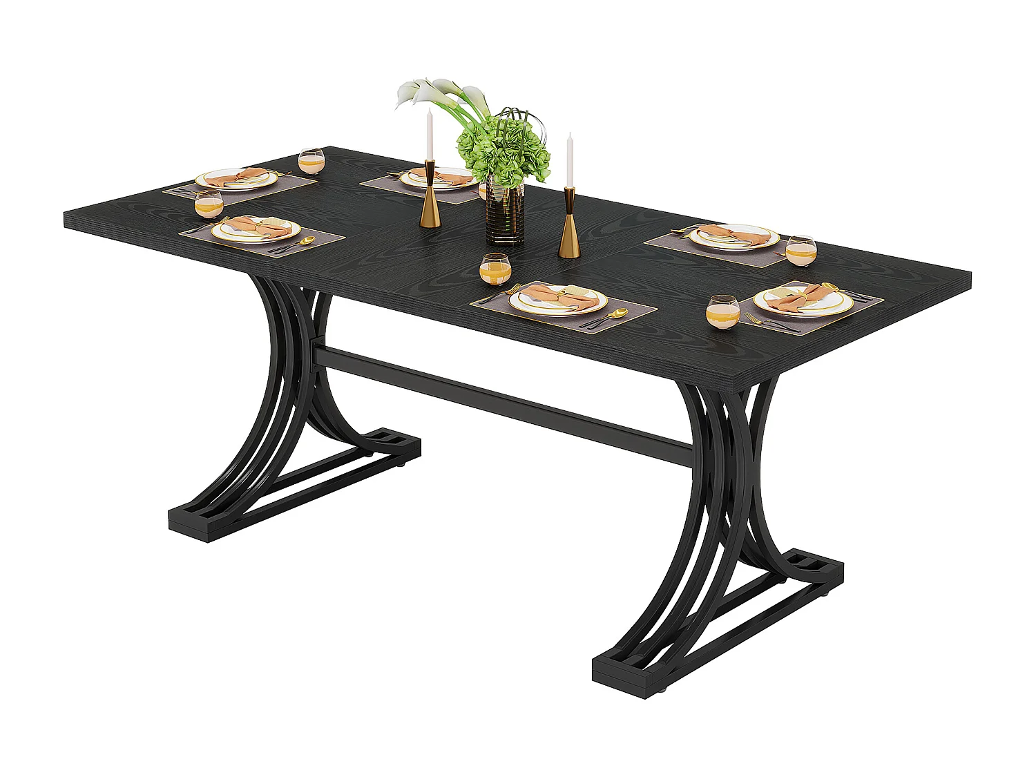 Table de salle à manger rectangulaire de 160 cm pour 4 à 6 personnes, tables de cuisine modernes avec élégants pieds en métal de style tréteau