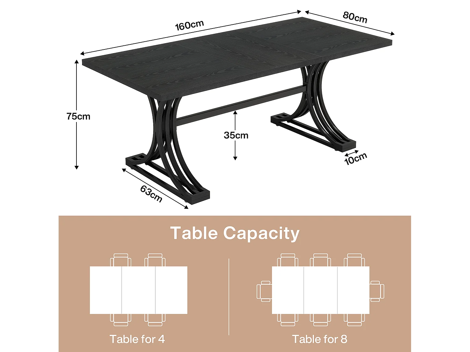 Table de salle à manger rectangulaire de 160 cm pour 4 à 6 personnes, tables de cuisine modernes avec élégants pieds en métal de style tréteau