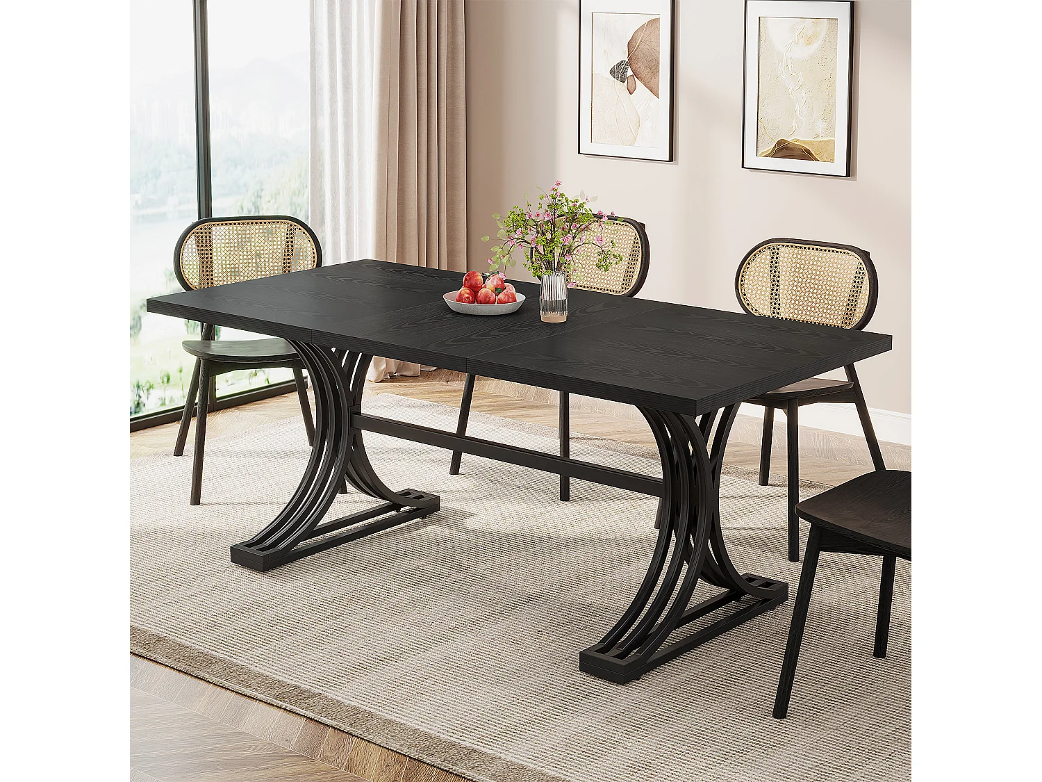 Table de salle à manger rectangulaire de 160 cm pour 4 à 6 personnes, tables de cuisine modernes avec élégants pieds en métal de style tréteau