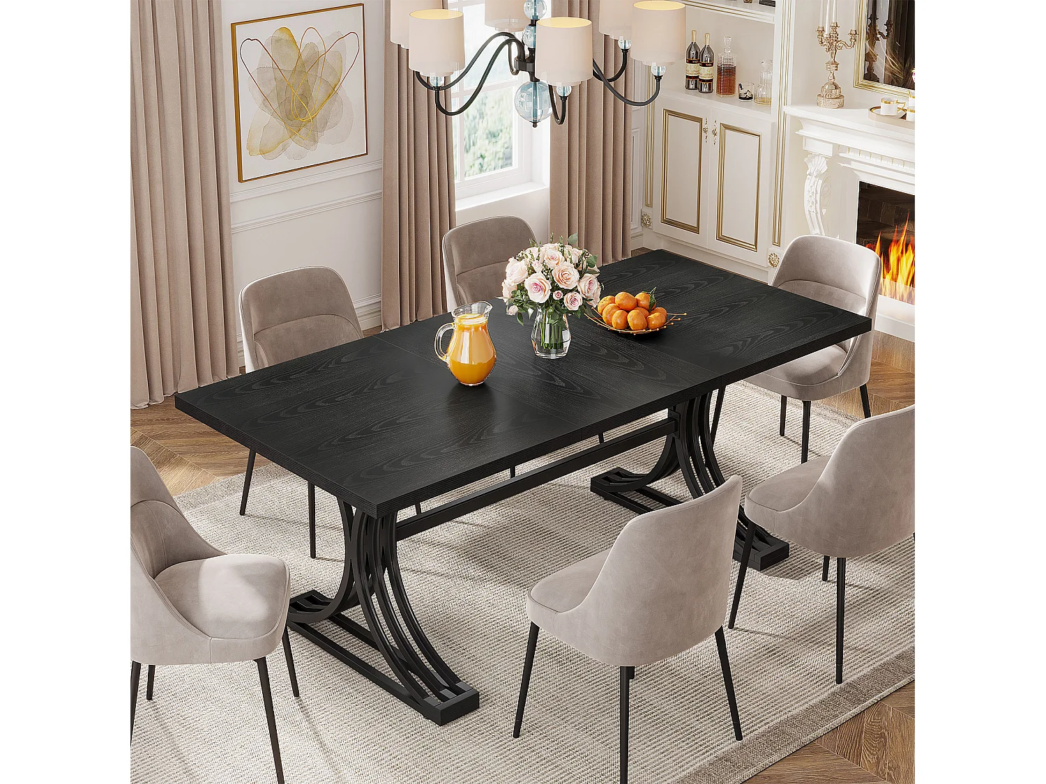 Table de salle à manger rectangulaire de 160 cm pour 4 à 6 personnes, tables de cuisine modernes avec élégants pieds en métal de style tréteau