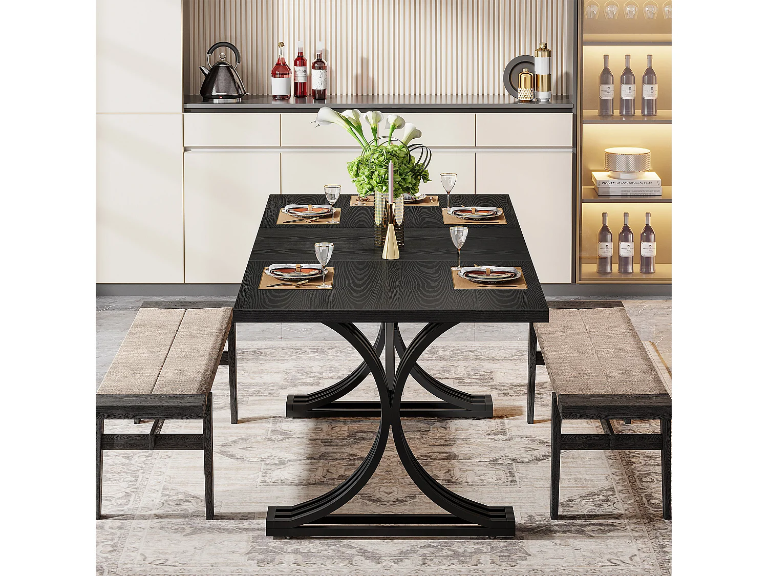 Table de salle à manger rectangulaire de 160 cm pour 4 à 6 personnes, tables de cuisine modernes avec élégants pieds en métal de style tréteau