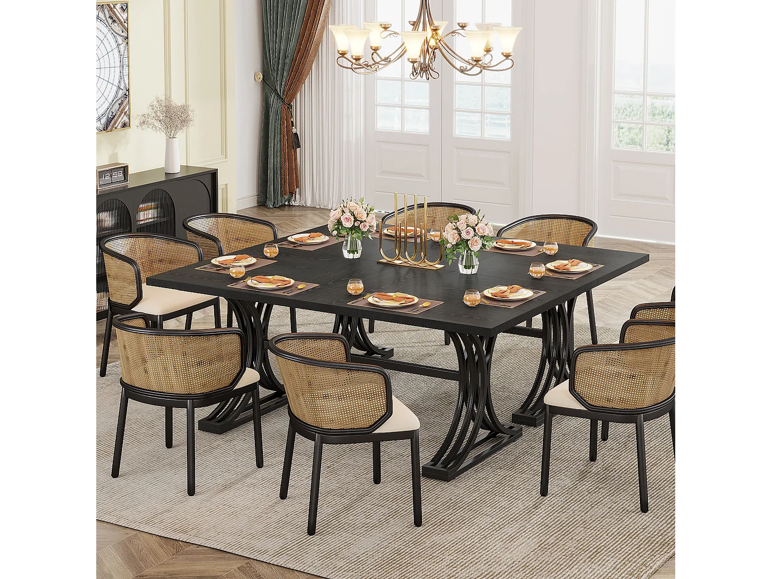 Table de salle à manger rectangulaire de 160 cm pour 4 à 6 personnes, tables de cuisine modernes avec élégants pieds en métal de style tréteau