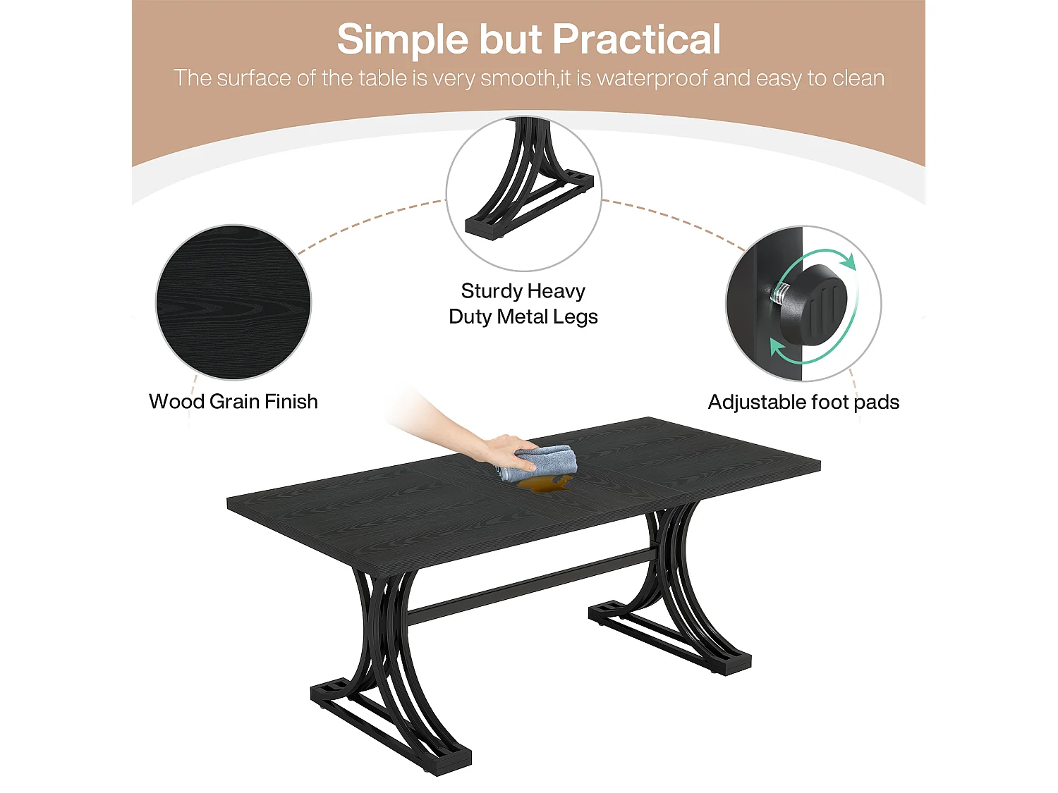 Table de salle à manger rectangulaire de 160 cm pour 4 à 6 personnes, tables de cuisine modernes avec élégants pieds en métal de style tréteau