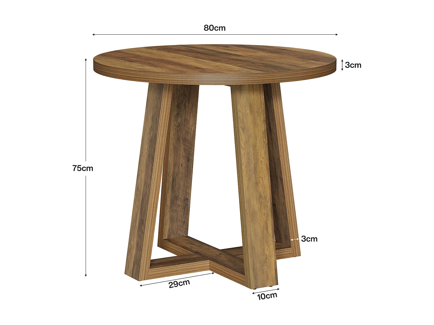 Petite table ronde à manger, table de cuisine de style campagnard de 80 cm pour 2 à 4 personnes