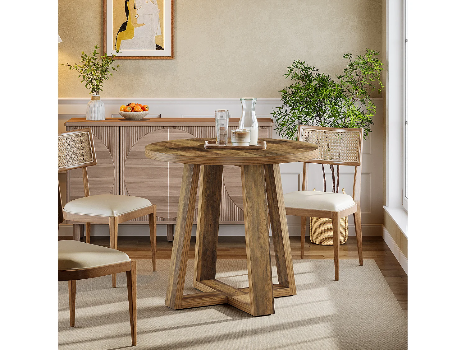 Petite table ronde à manger, table de cuisine de style campagnard de 80 cm pour 2 à 4 personnes