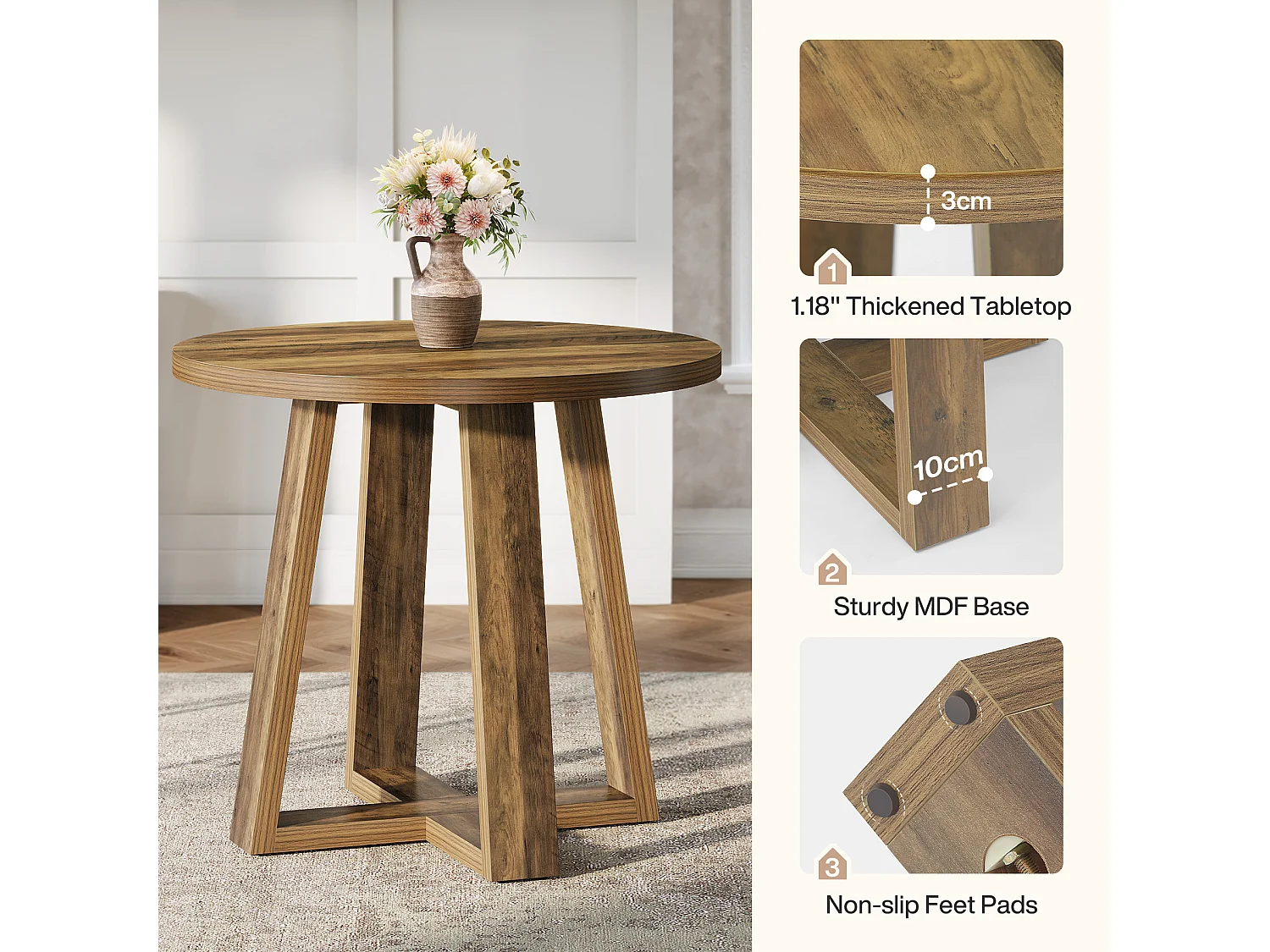 Petite table ronde à manger, table de cuisine de style campagnard de 80 cm pour 2 à 4 personnes