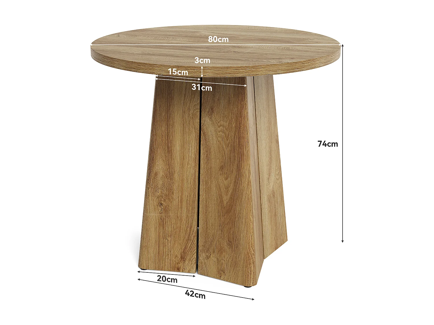 Table de salle à manger ronde pour 4 personnes, table de cuisine de style campagnard de 80 cm avec pied central robuste