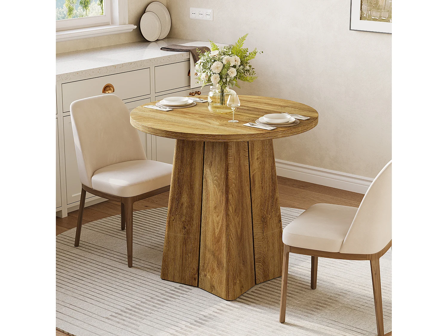 Table de salle à manger ronde pour 4 personnes, table de cuisine de style campagnard de 80 cm avec pied central robuste