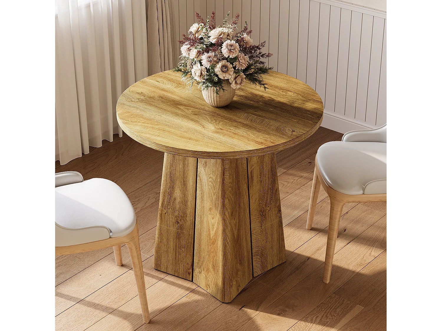 Table de salle à manger ronde pour 4 personnes, table de cuisine de style campagnard de 80 cm avec pied central robuste
