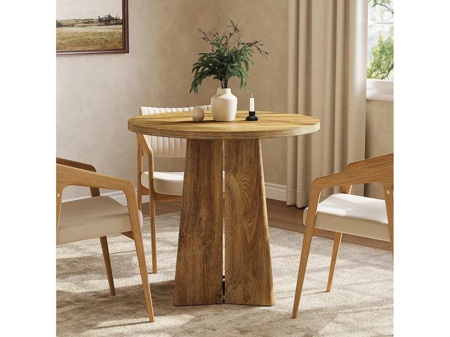 Table de salle à manger ronde pour 4 personnes, table de cuisine de style campagnard de 80 cm avec pied central robuste