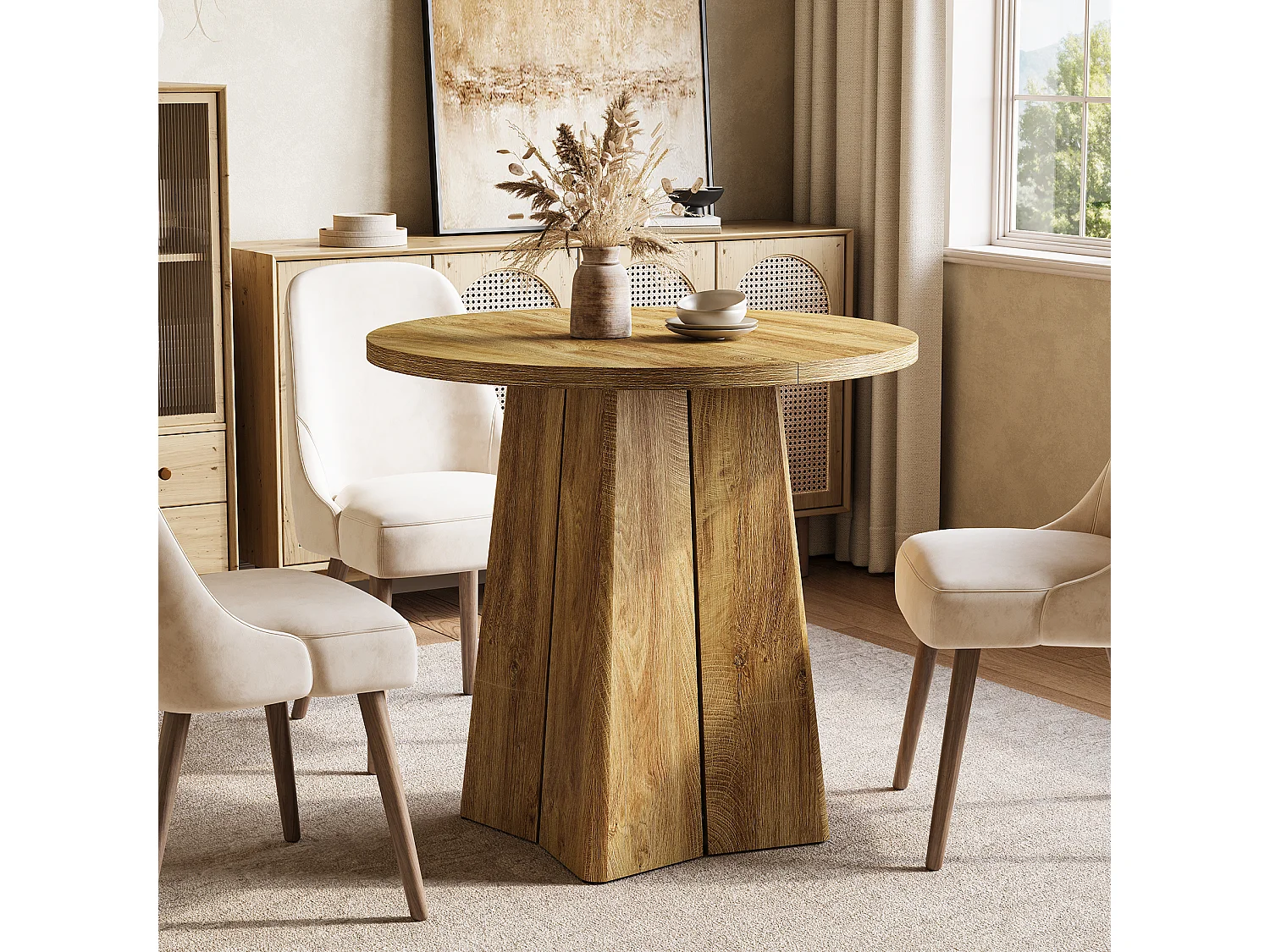 Table de salle à manger ronde pour 4 personnes, table de cuisine de style campagnard de 80 cm avec pied central robuste