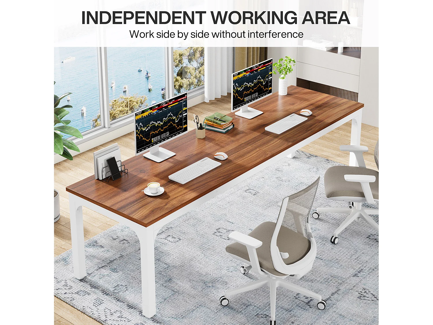 Scrivania per ufficio domestico a 2 posti, scrivania moderna extra lunga da 200 cm, doppia postazione di lavoro per ufficio in casa