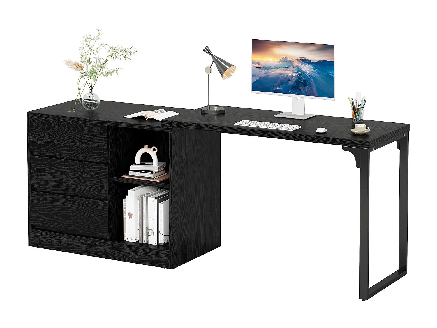 Bureau d'ordinateur en forme de L avec tiroirs et étagères, bureau d'angle réversible avec armoire de rangement