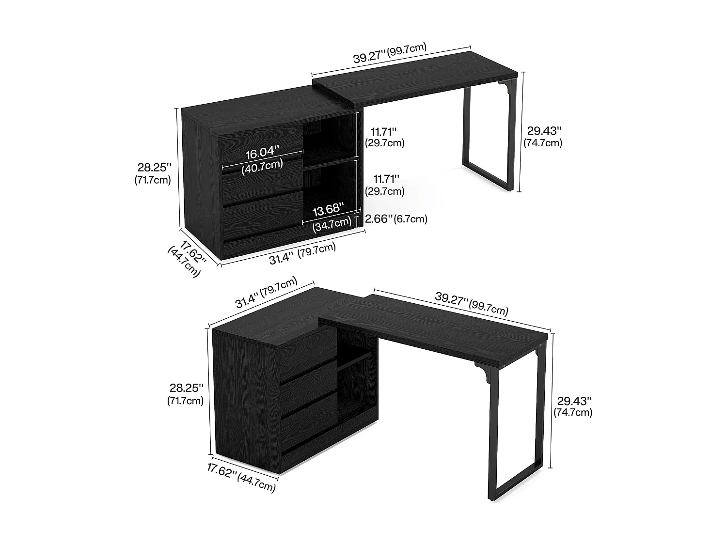 Bureau d'ordinateur en forme de L avec tiroirs et étagères, bureau d'angle réversible avec armoire de rangement