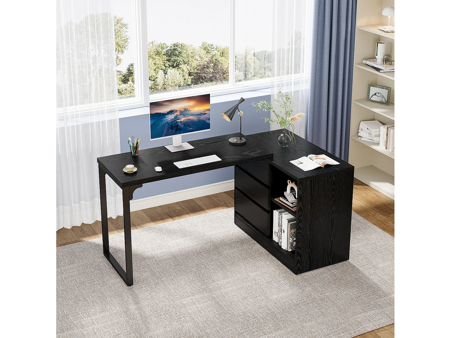 Bureau d'ordinateur en forme de L avec tiroirs et étagères, bureau d'angle réversible avec armoire de rangement