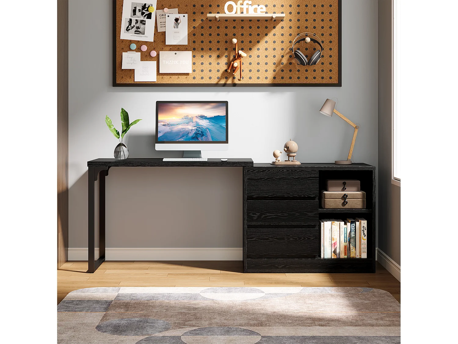 Bureau d'ordinateur en forme de L avec tiroirs et étagères, bureau d'angle réversible avec armoire de rangement