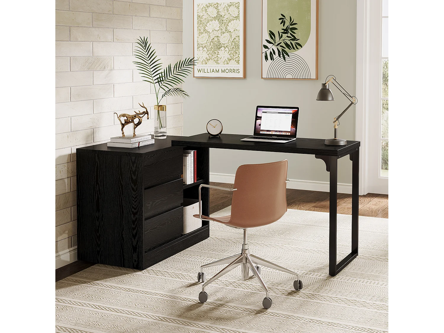 Bureau d'ordinateur en forme de L avec tiroirs et étagères, bureau d'angle réversible avec armoire de rangement