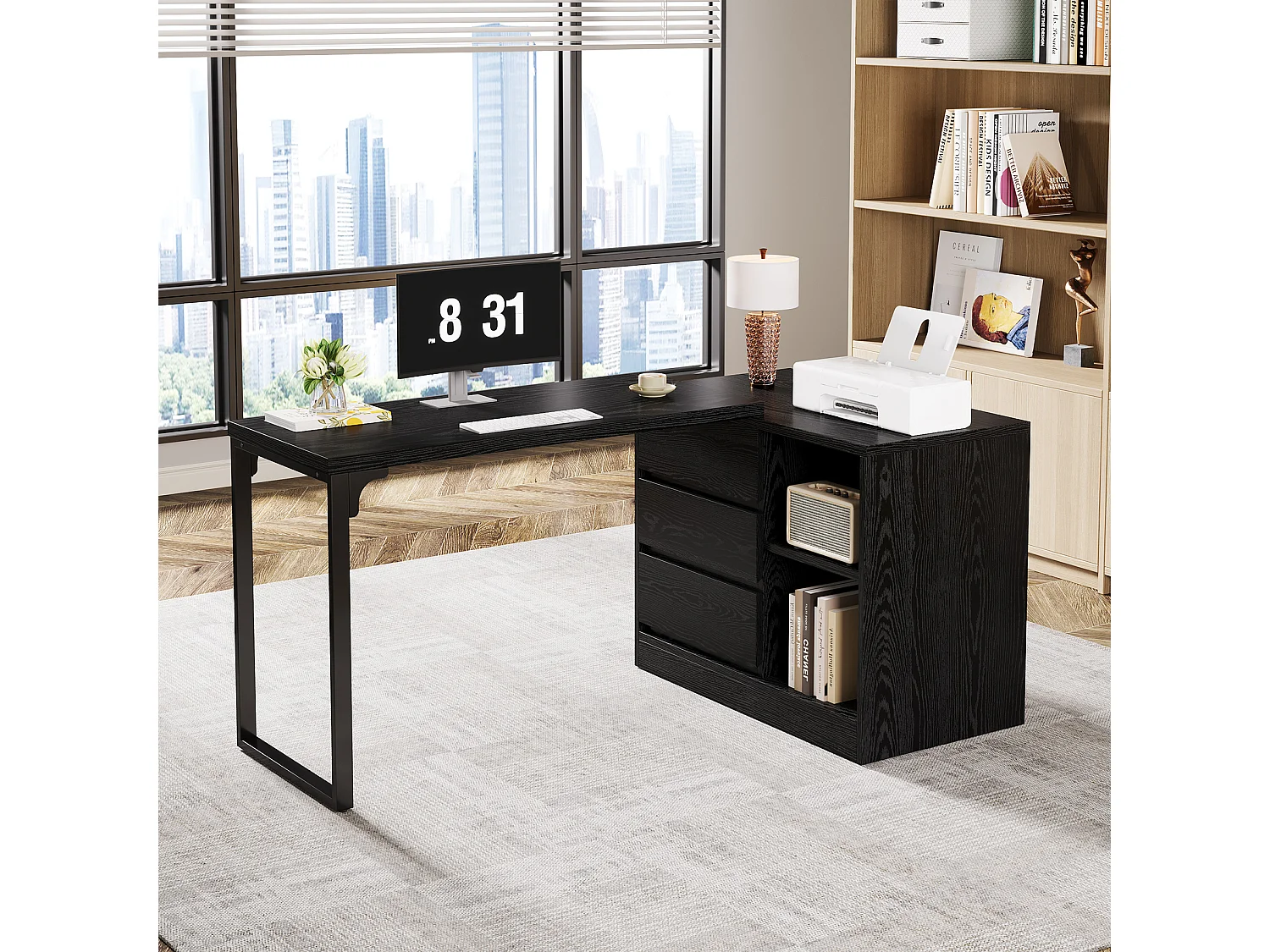 Bureau d'ordinateur en forme de L avec tiroirs et étagères, bureau d'angle réversible avec armoire de rangement