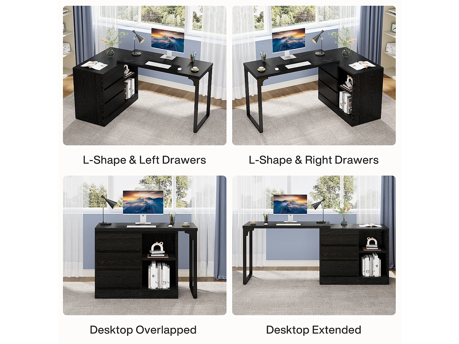 Bureau d'ordinateur en forme de L avec tiroirs et étagères, bureau d'angle réversible avec armoire de rangement