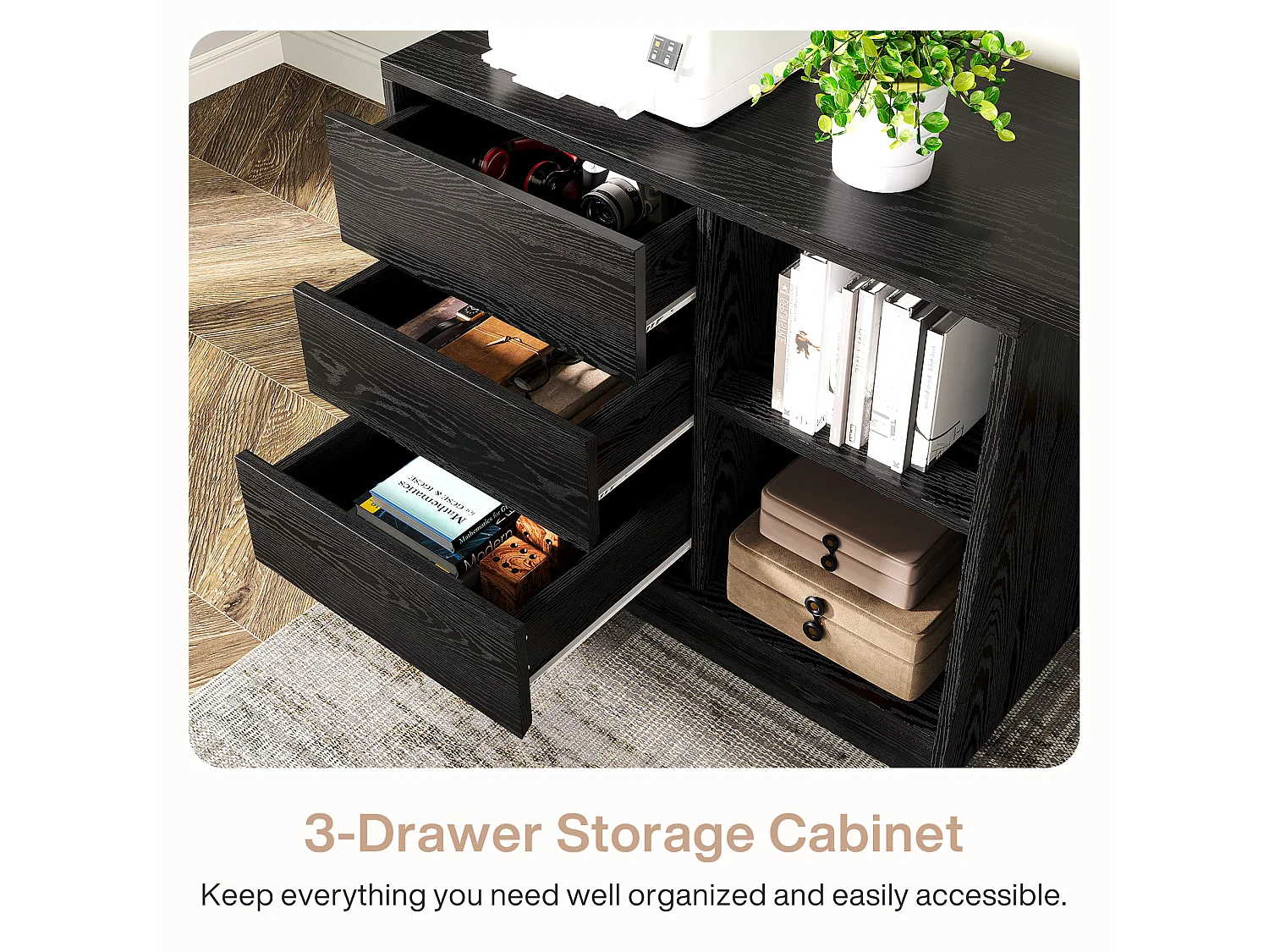 Bureau d'ordinateur en forme de L avec tiroirs et étagères, bureau d'angle réversible avec armoire de rangement