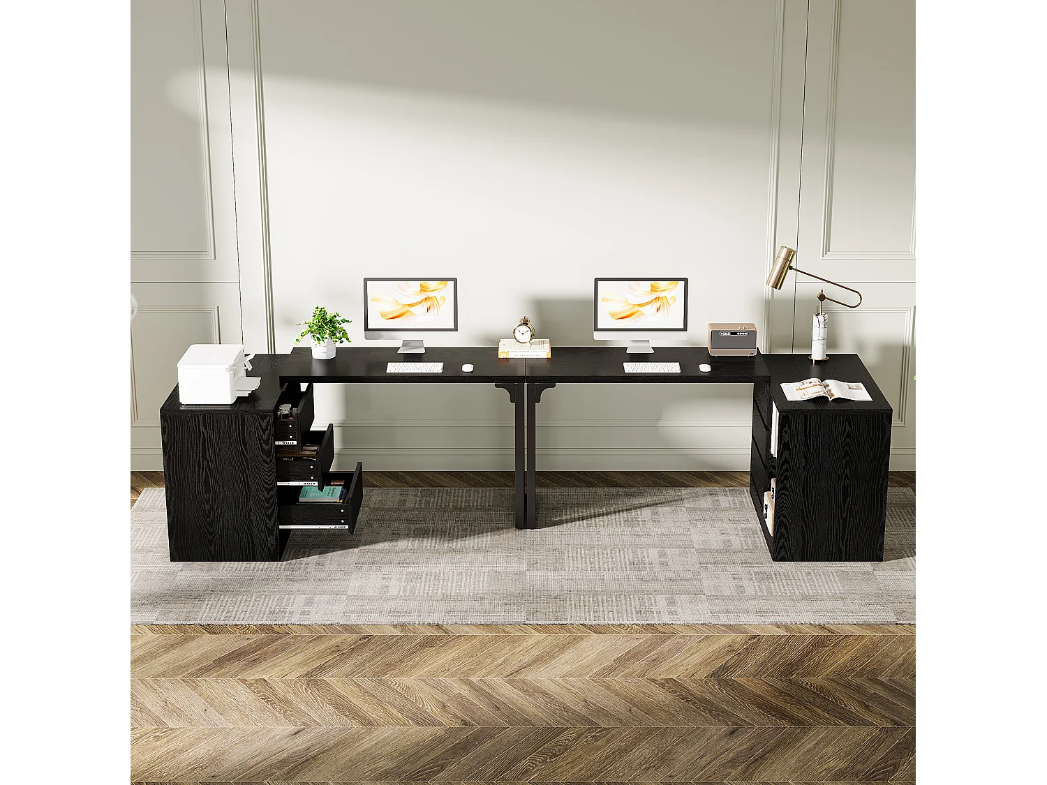 Bureau d'ordinateur en forme de L avec tiroirs et étagères, bureau d'angle réversible avec armoire de rangement