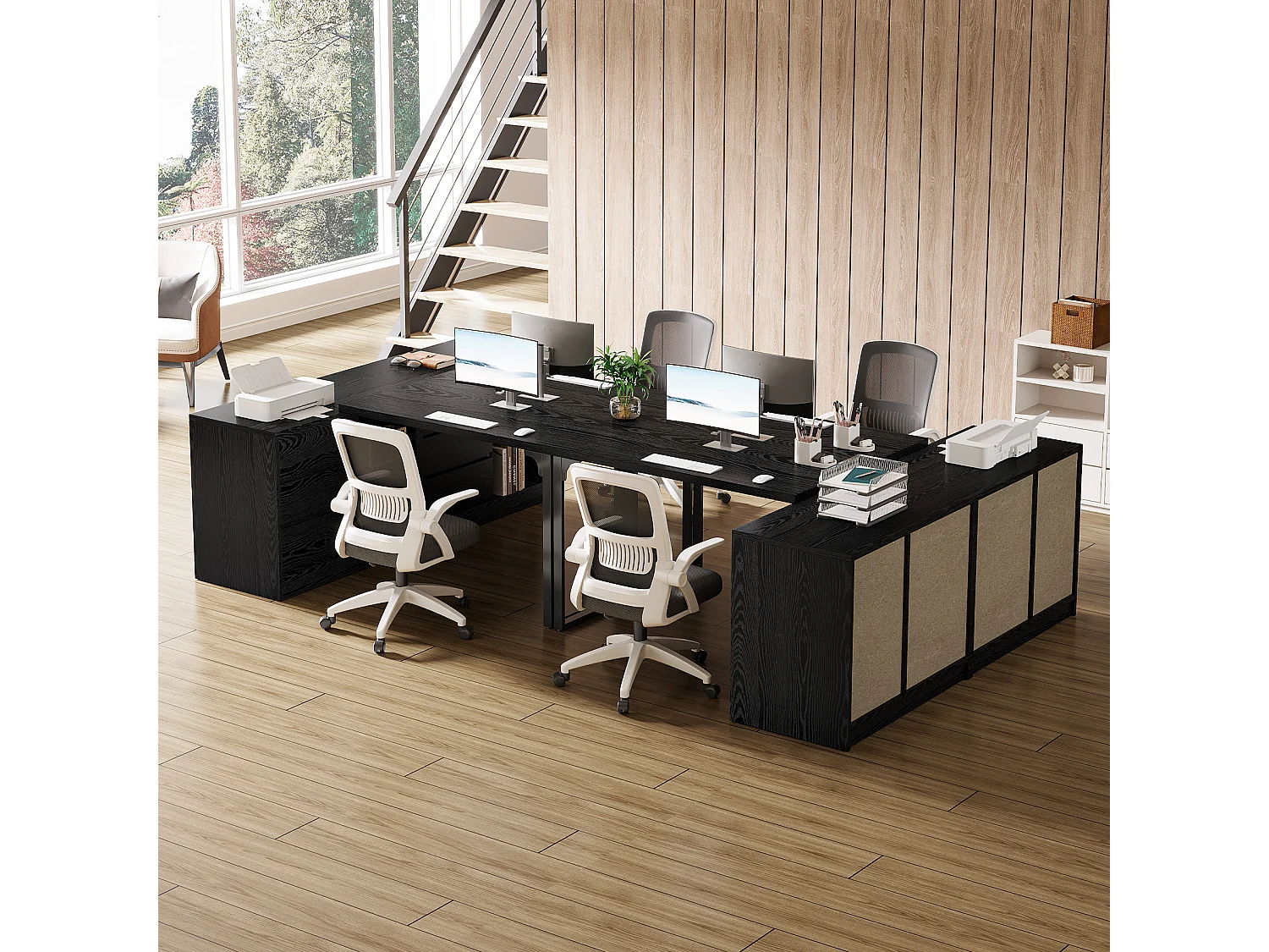 Bureau d'ordinateur en forme de L avec tiroirs et étagères, bureau d'angle réversible avec armoire de rangement