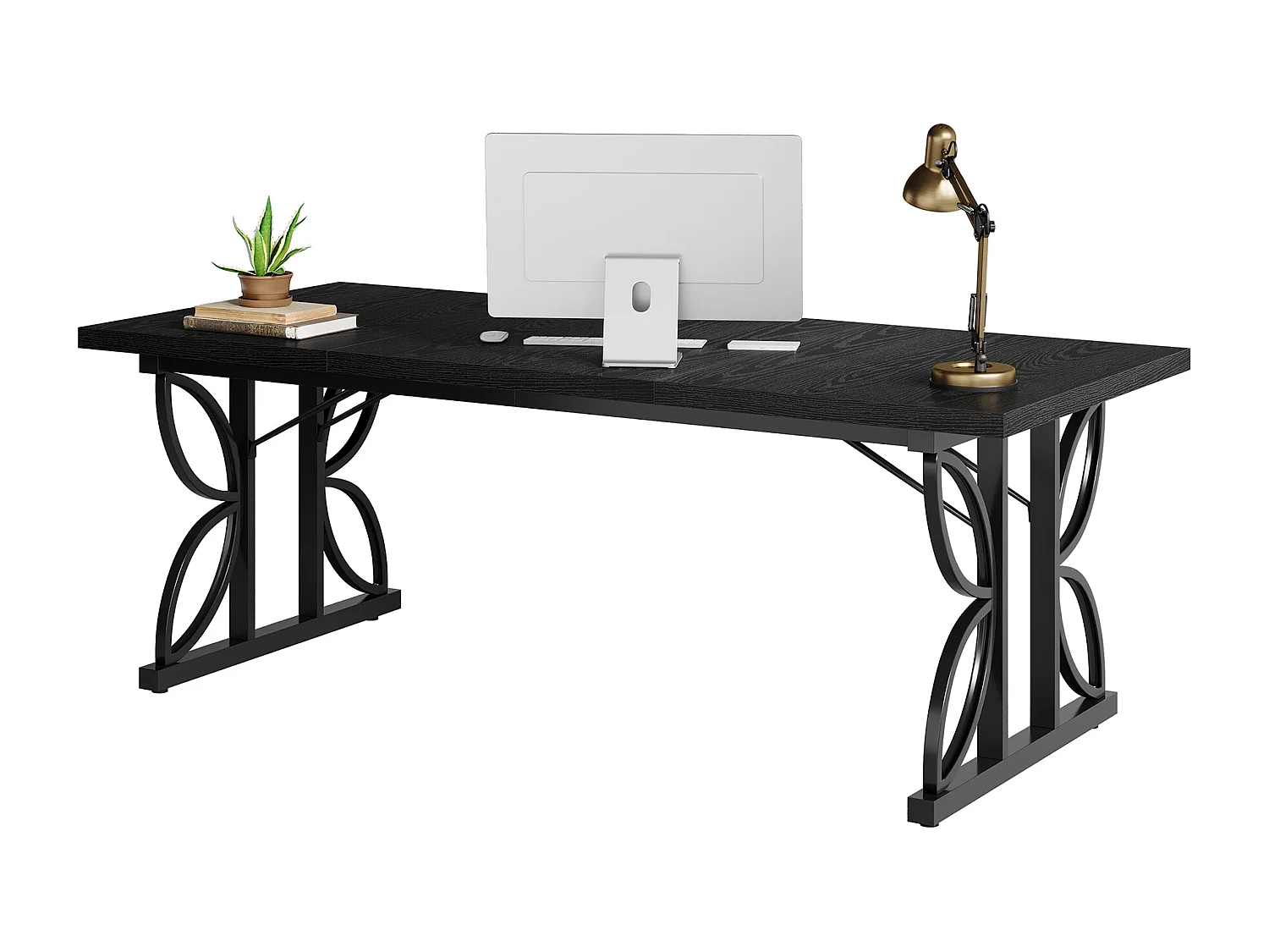 Bureau noir de 180 cm avec structure en métal, grand bureau d'ordinateur pour poste de travail à domicile