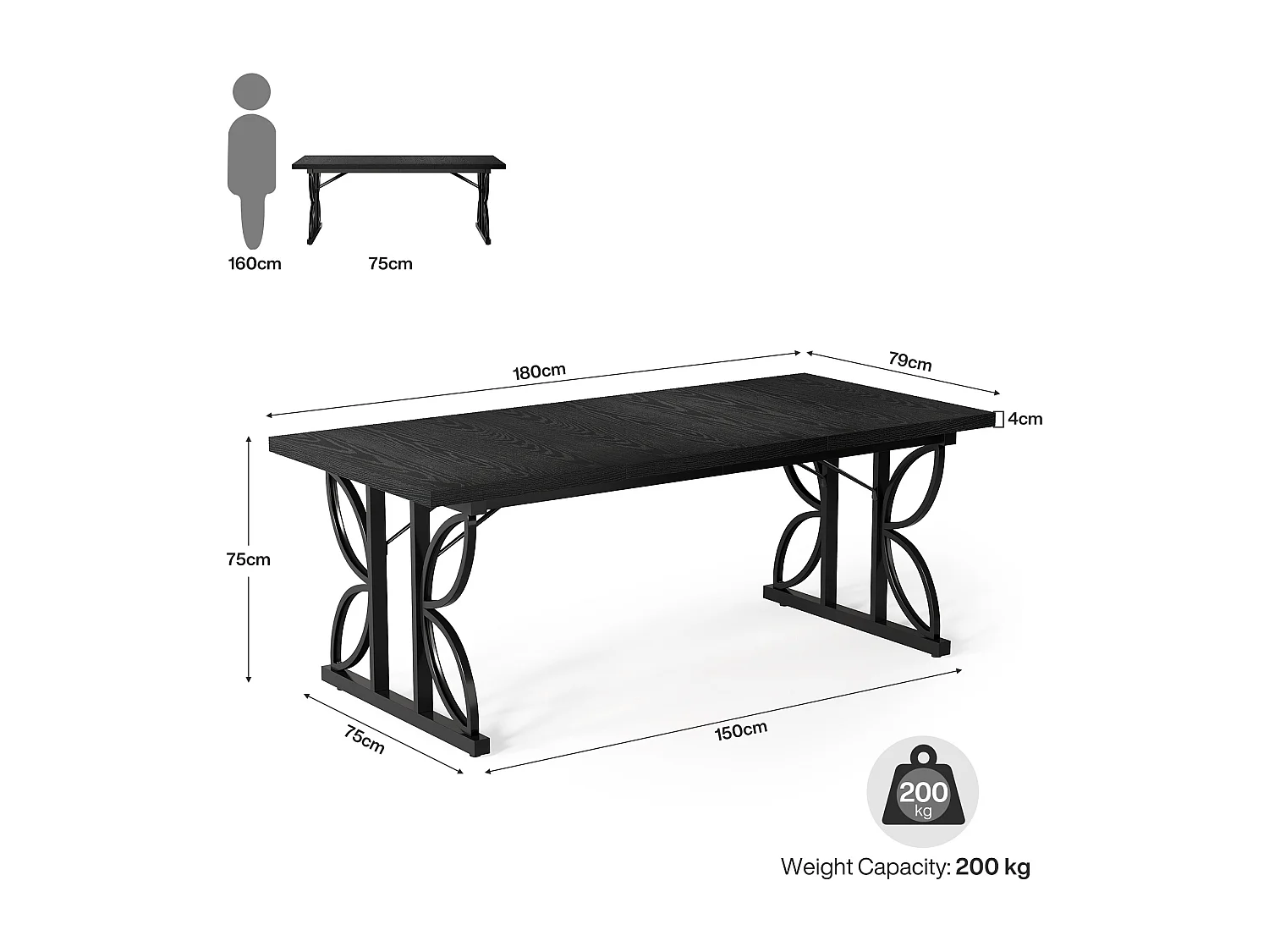 Bureau noir de 180 cm avec structure en métal, grand bureau d'ordinateur pour poste de travail à domicile