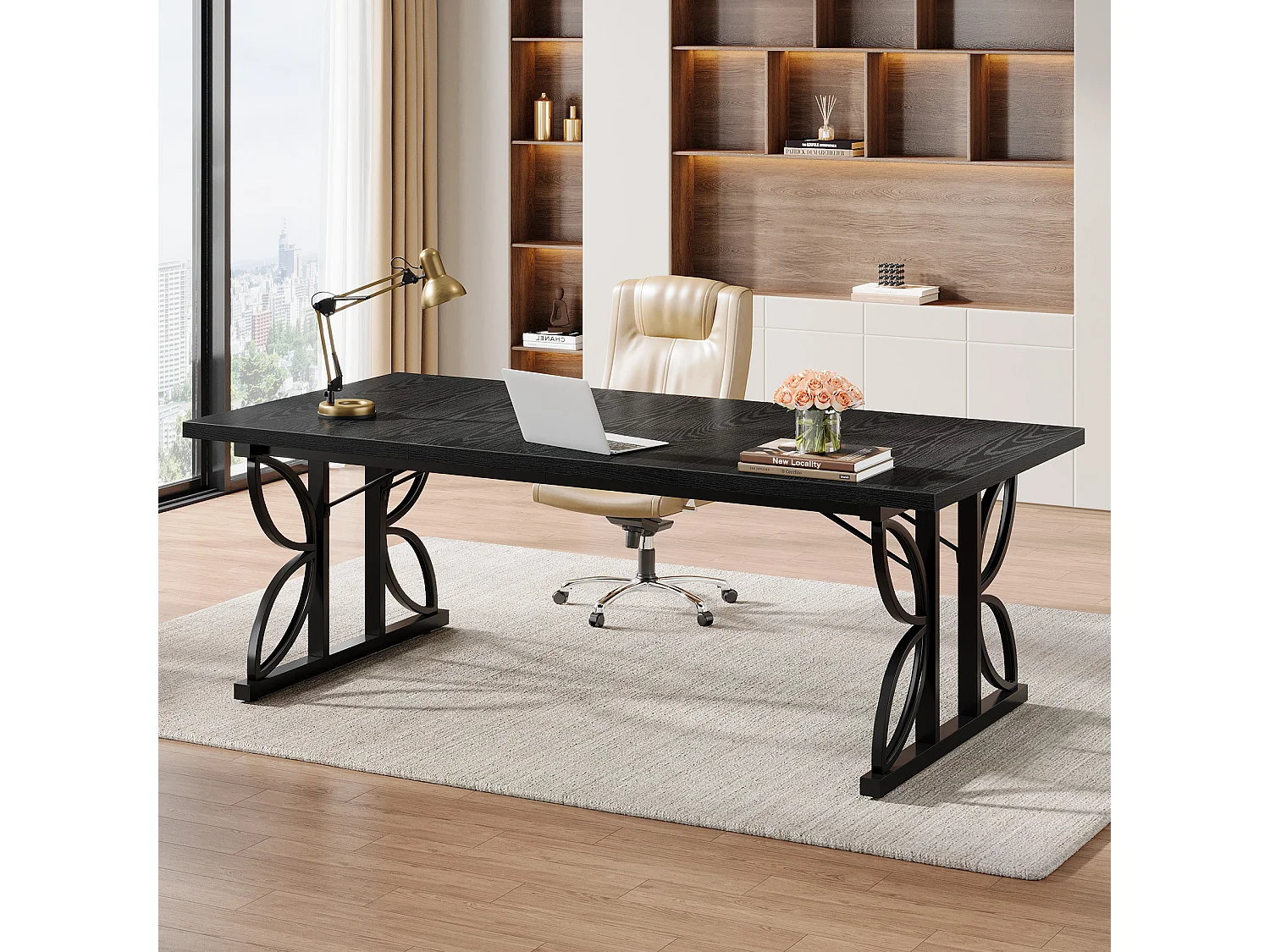 Bureau noir de 180 cm avec structure en métal, grand bureau d'ordinateur pour poste de travail à domicile