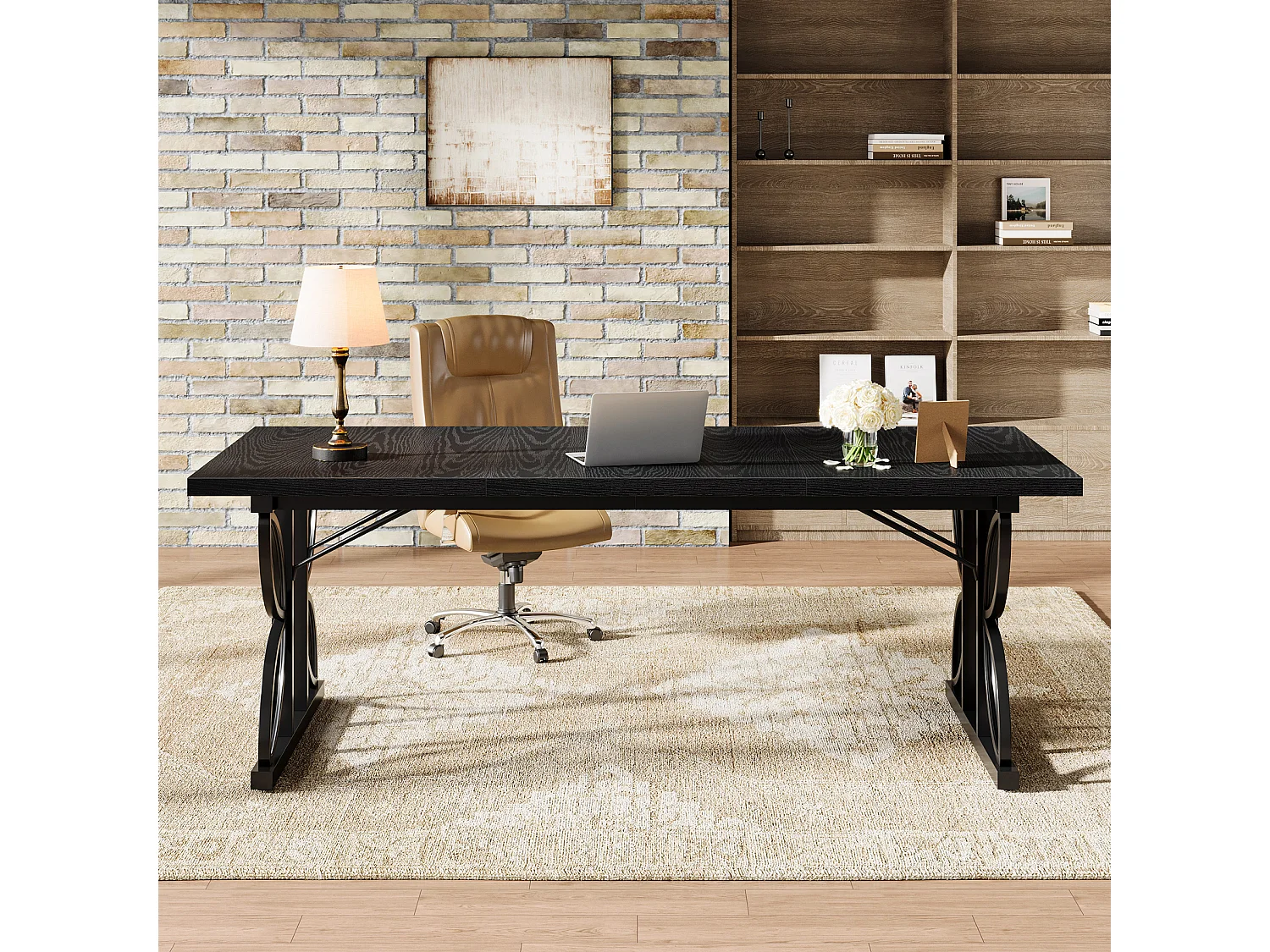 Bureau noir de 180 cm avec structure en métal, grand bureau d'ordinateur pour poste de travail à domicile