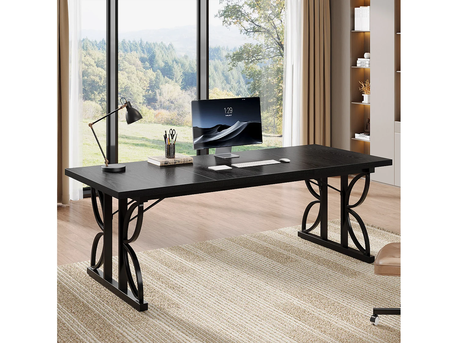 Bureau noir de 180 cm avec structure en métal, grand bureau d'ordinateur pour poste de travail à domicile