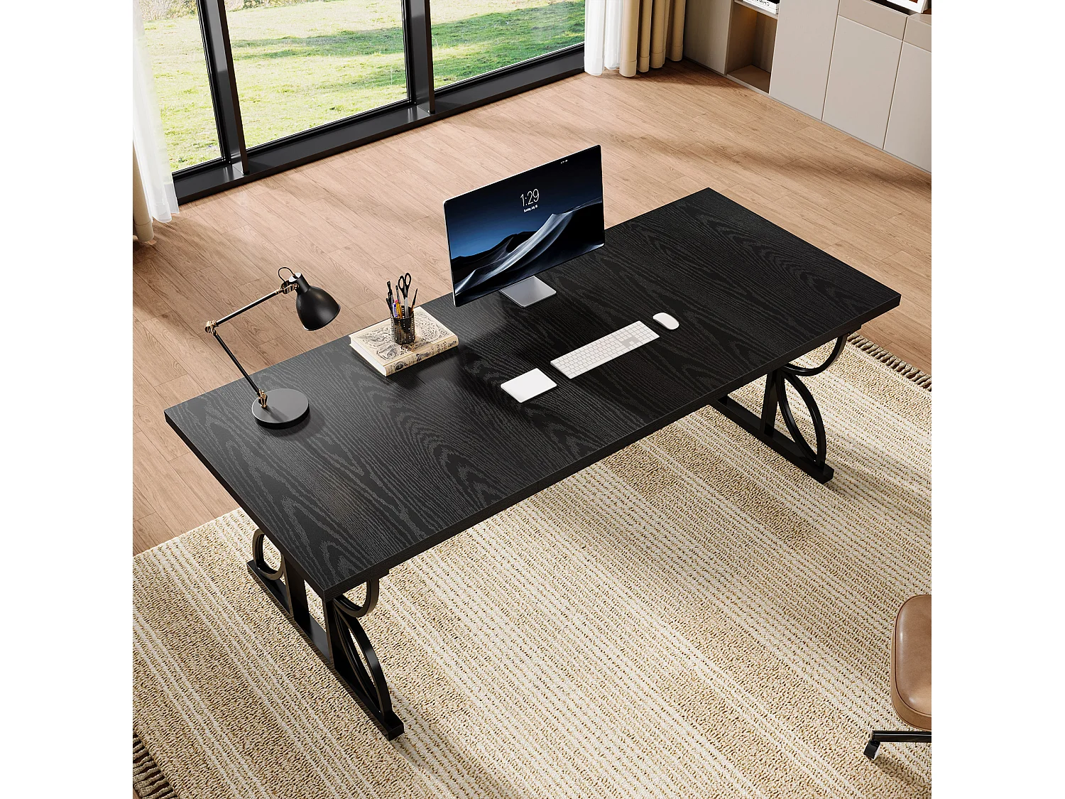 Bureau noir de 180 cm avec structure en métal, grand bureau d'ordinateur pour poste de travail à domicile