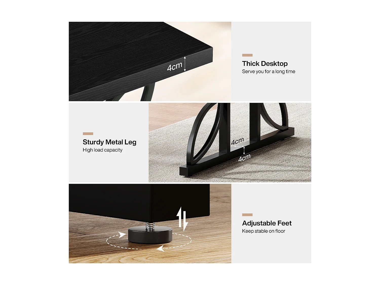 Bureau noir de 180 cm avec structure en métal, grand bureau d'ordinateur pour poste de travail à domicile